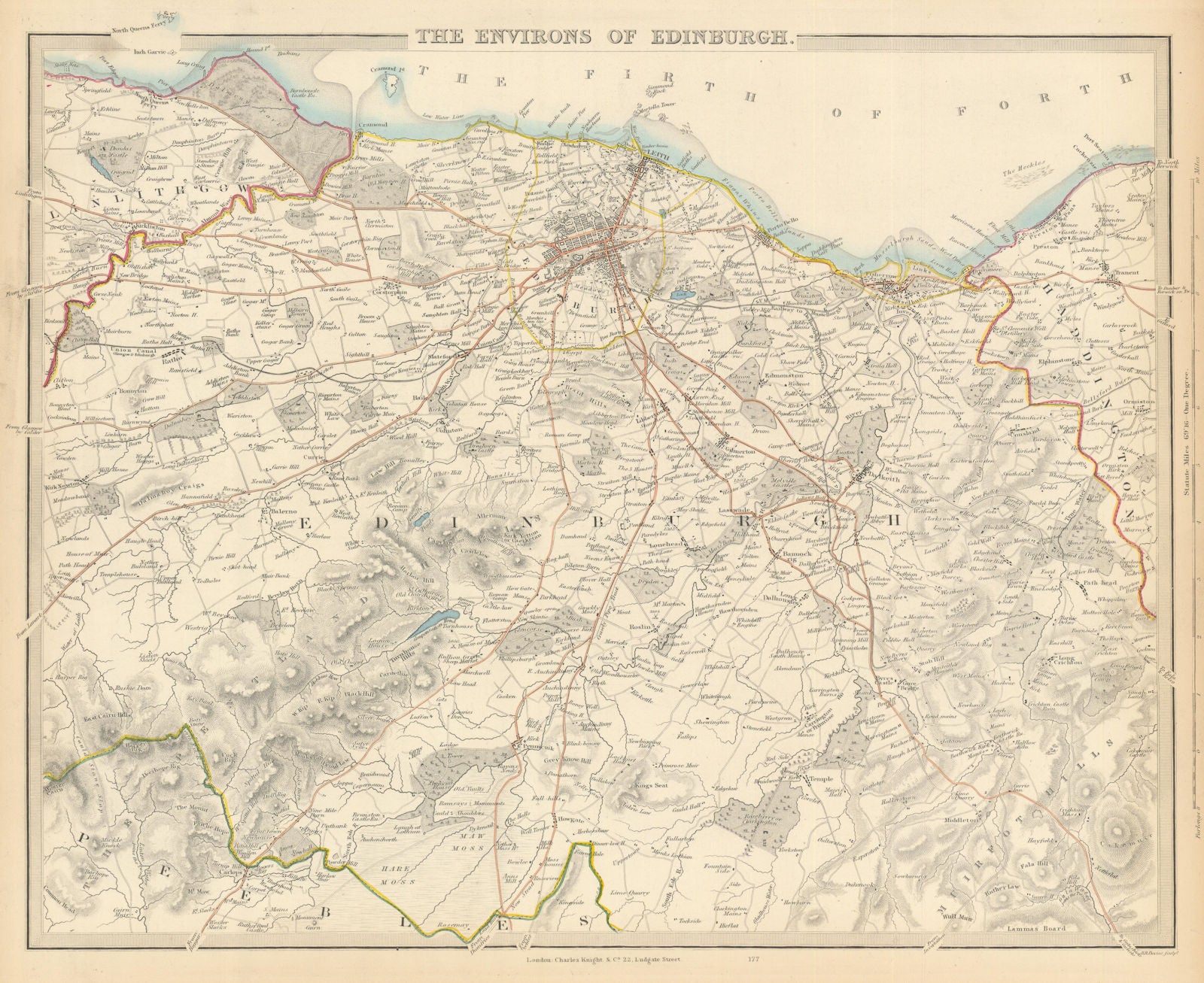 EDINBURGH & ENVIRONS. Leith Linlithgow Peebles Haddington. SDUK 1847 old map